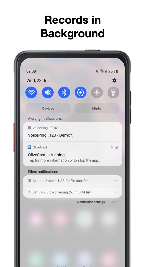 Android notification shade showing OliveCast running as a background service