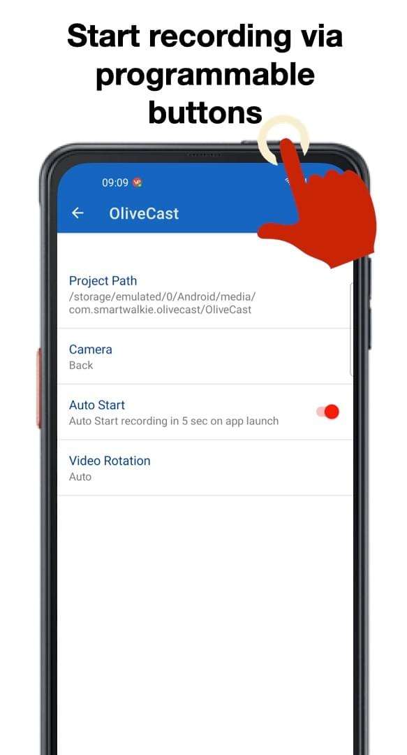 OliveCast settings screen showing auto-start and programmable button configuration